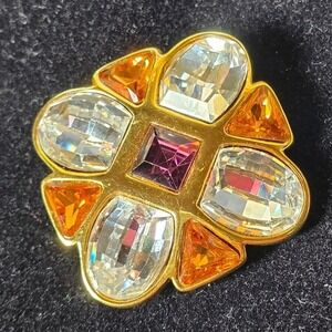 Vintage Napier Maltese Cross Brooch Gold Tone Purple & Amber Rhinestone 2" Pin